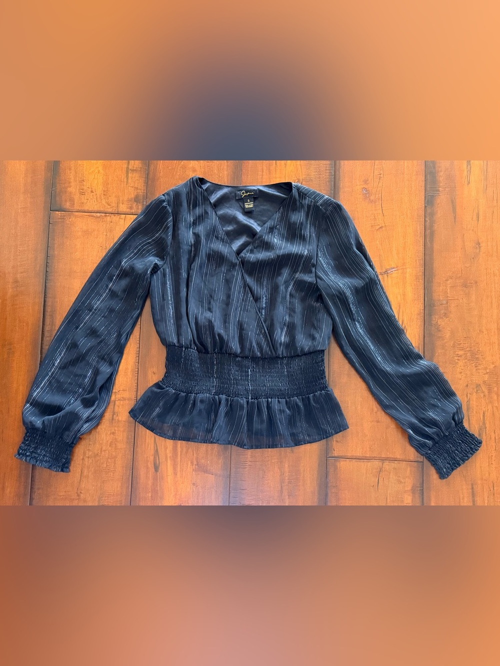 Japna Black Metallic-Striped Smocked-Waist Peplum Blouse